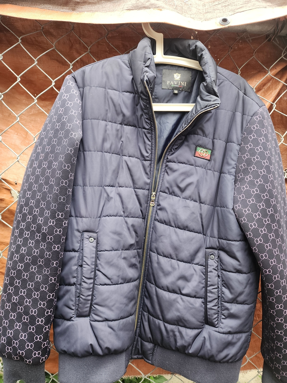 Men's Navy Quilted Puffer Jacket with Patterned Sleeves